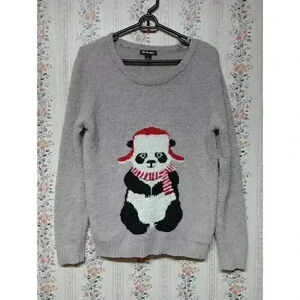 BYdesign Women Fuzzy Ugly Christmas XMAS Sweater Panda Sz L Gray